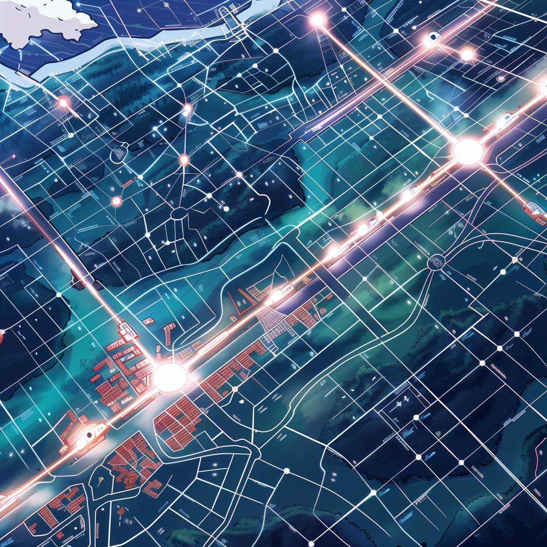 A birds-eye view of a Japanese landscape with an electrical map overlaying it, this represents Rotormap's Cross-Siloed Databases