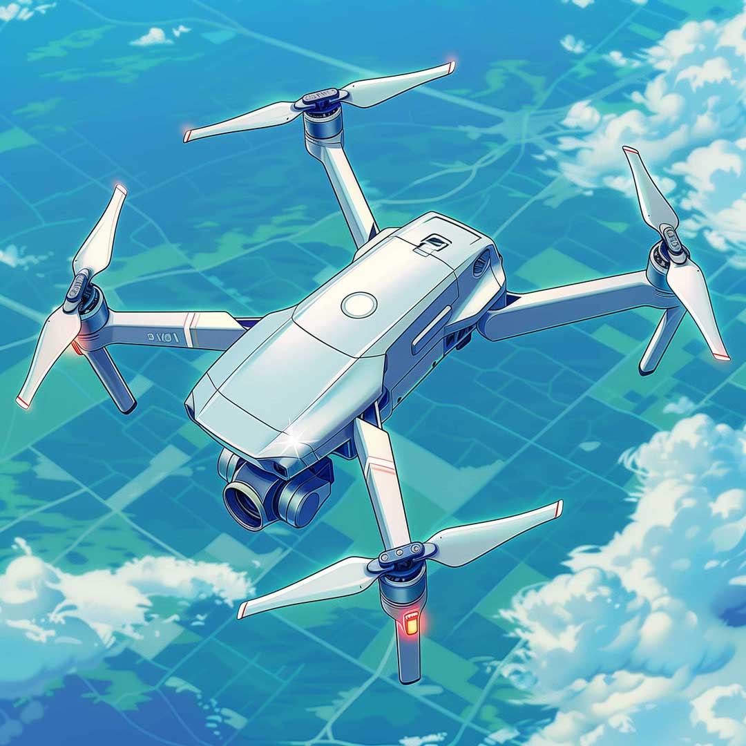 A drone flying high in the sky with a Japanese landscape beneath it, this represents Rotormap's cutting edge drone technology