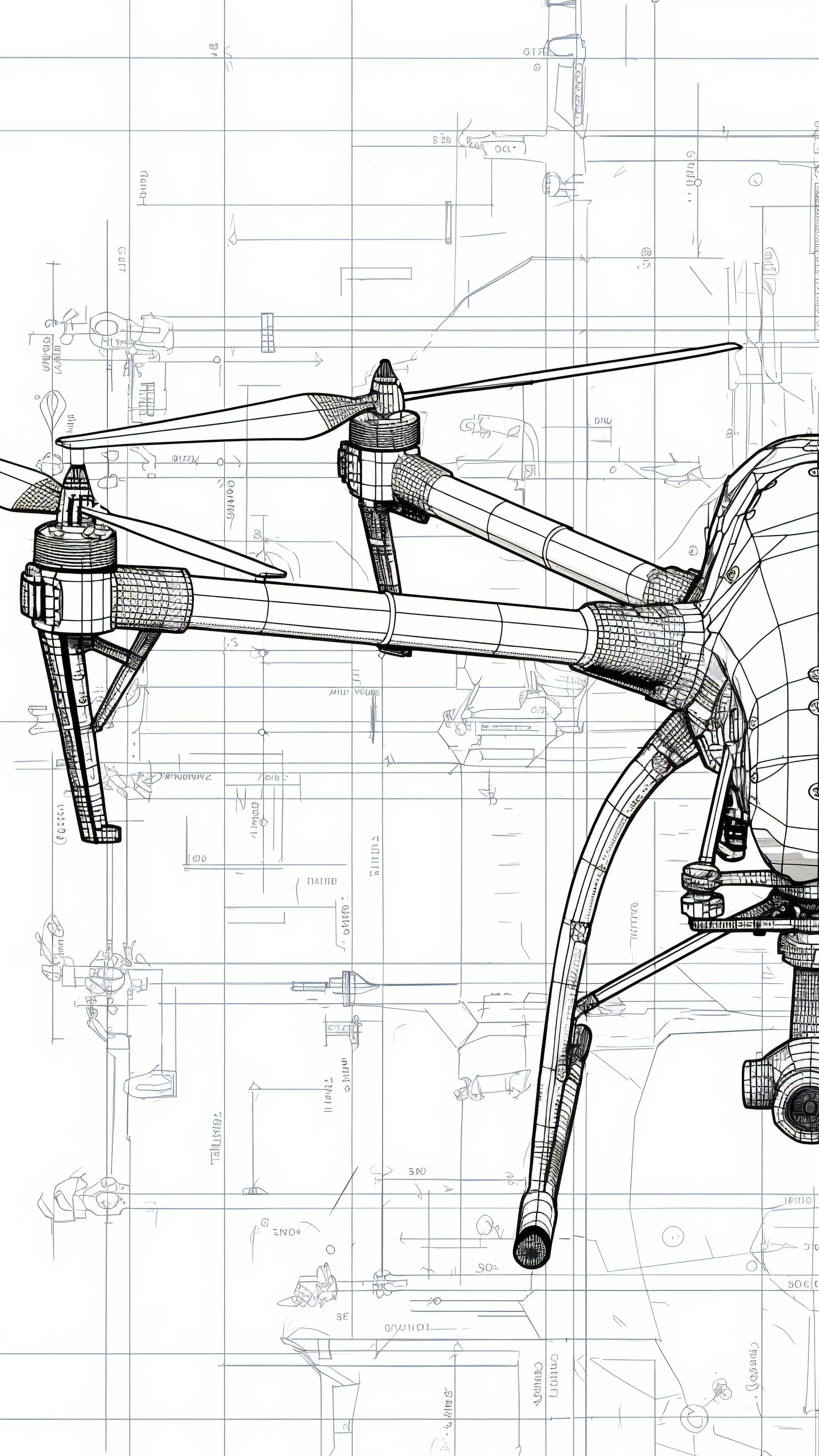 A detailed illustrated blueprint of a drone