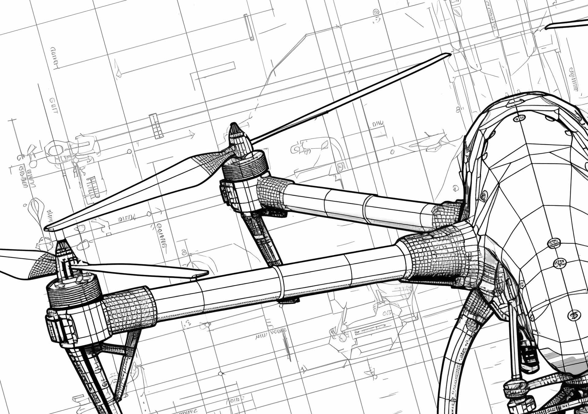 A detailed illustrated blueprint of a drone