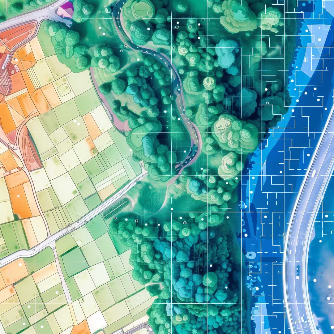 A birds-eye view of a Japanese landscape with a map overlaying it, this represents the processing of images possible with Rotormap's app