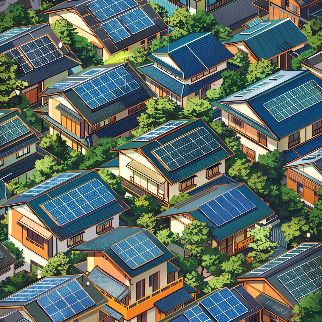 Multiple Japanese houses with solar panels attached to them, this image represents the capabilities of Rotormap's energy scanning technology